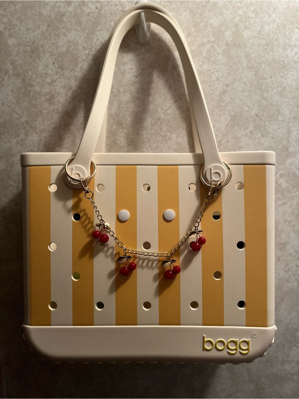 BOGG Striped Cream & Mustard Cherry Charm Tote